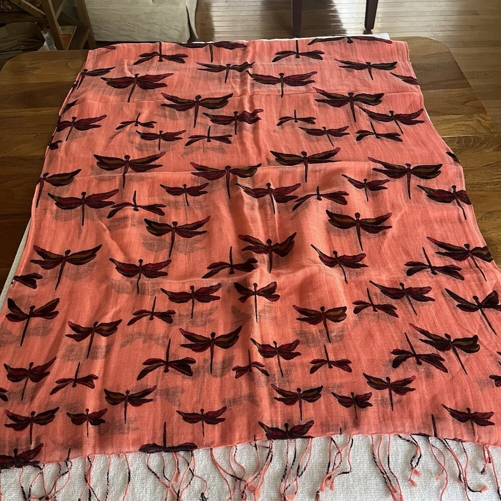 Talbots Women’s Linen Blend Coral W/ Dragonfly Motif‎ Scarf 27x70”